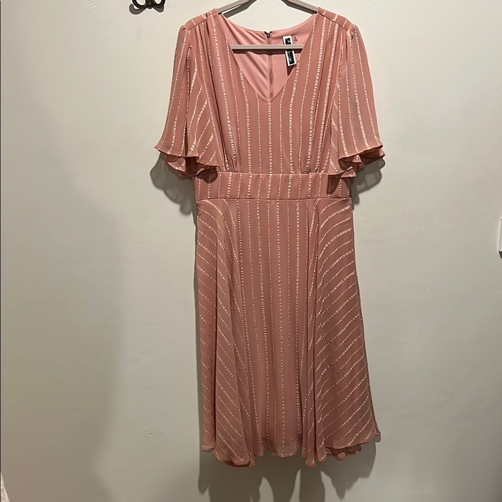 Julian Taylor Pink Midi Sundress with Pleated Ruffles and Flutter Sleeves
